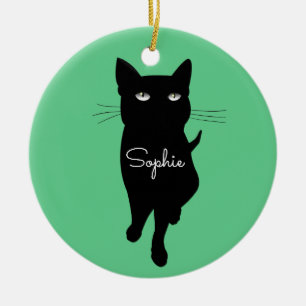 Svart katt kattdjur personligt namn gåva julgransprydnad keramik