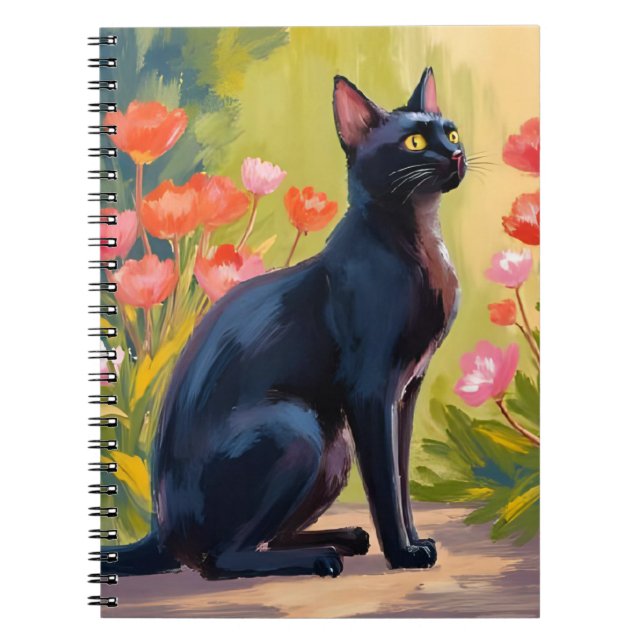 Svart katt | Kattunge Husdjur Akvarell Blommor Mål Anteckningsbok (Framsidan)