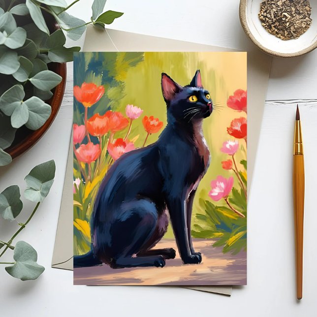 Svart katt | Kattunge Husdjur Akvarell Blommor Mål Vykort (Skapare uppladdad)