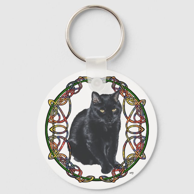 Svart Katt Keltisk Knutmönster Nyckelring (Framsida)
