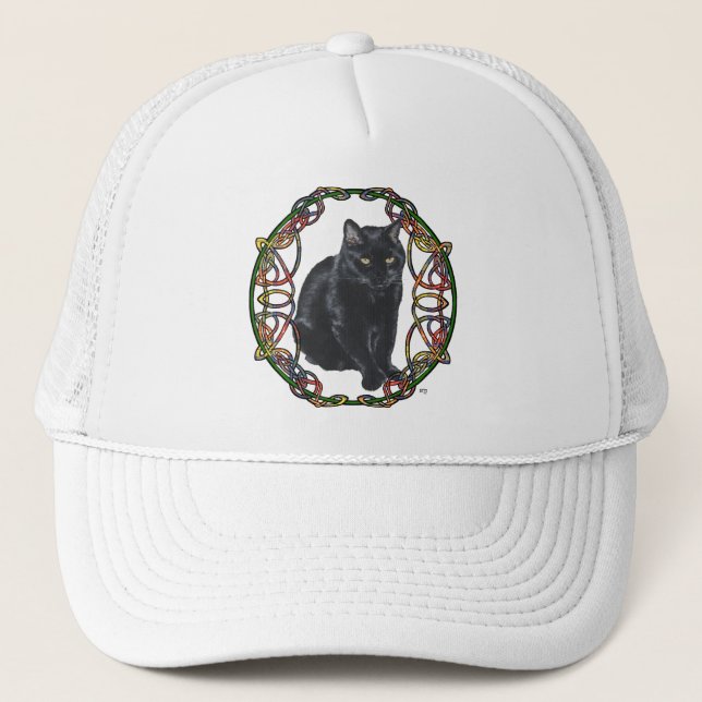 Svart Katt Keltisk Knutmönster Truckerkeps (Framsida)
