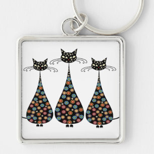 Svart katt Keychain för funky Fyrkantig Silverfärgad Nyckelring