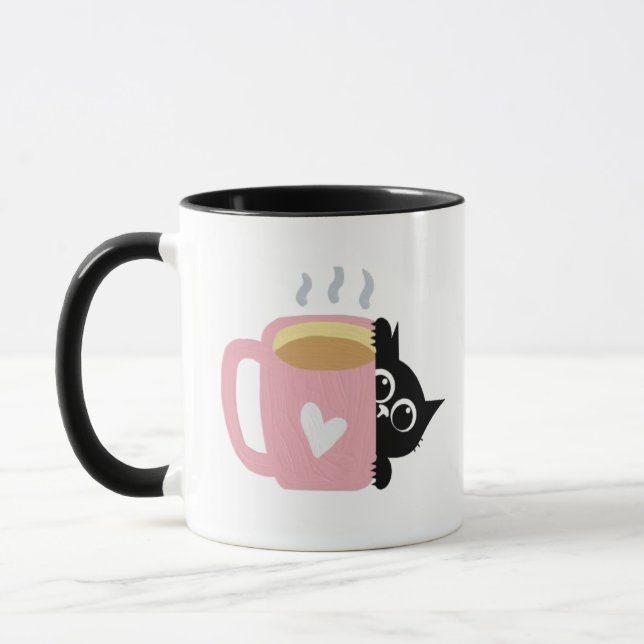 Svart Katt Kikar Rosa Hjärtas Kaffeälskare Mugg (Vänster)