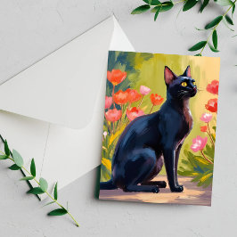 Svart Katt Kittel Vattenfärg Blommor Målade Kort