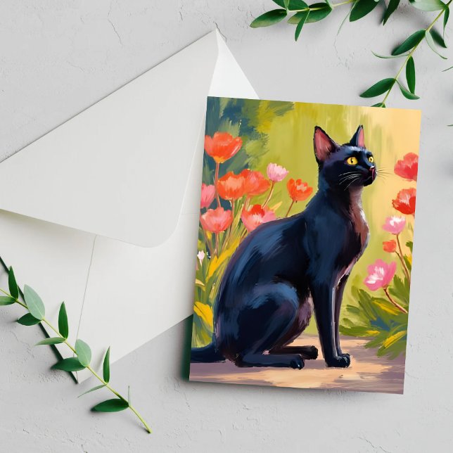 Svart Katt Kittel Vattenfärg Blommor Målade Kort (Skapare uppladdad)