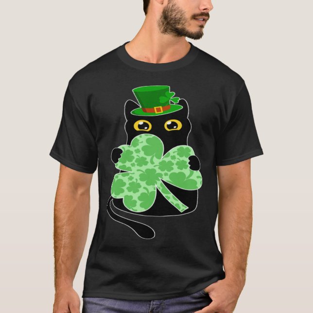 Svart Katt Kitty som Håller Shamrock St Patricks D T Shirt (Framsida)