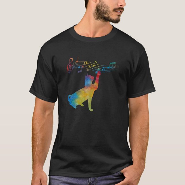 Svart katt klättra spelar notblad  idé t shirt (Framsida)