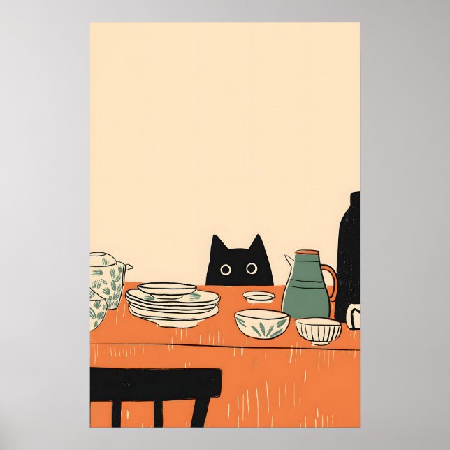 Svart Katt Kökkontur Mid-Century Modern Konst Poster (Framsidan)