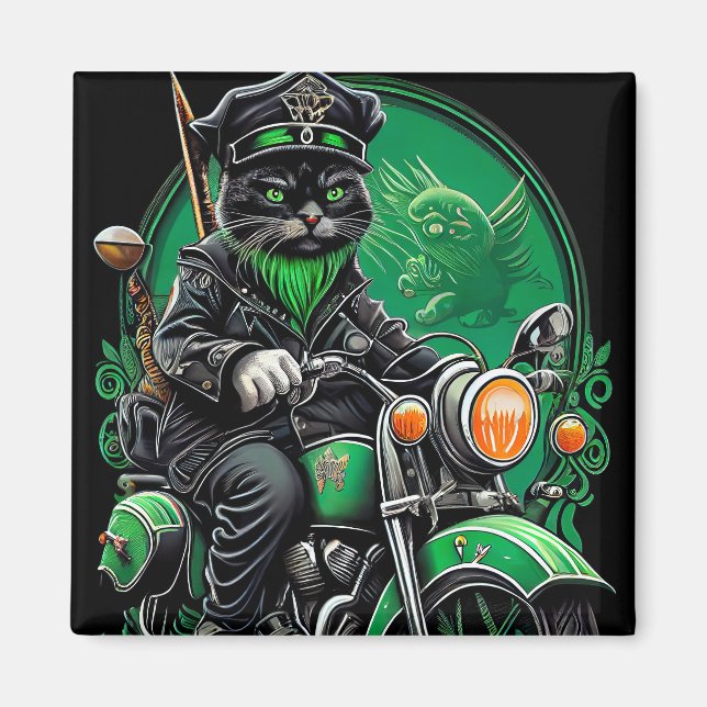 Svart katt kör cykel St. Patricks dag Magnet (Framsidan)