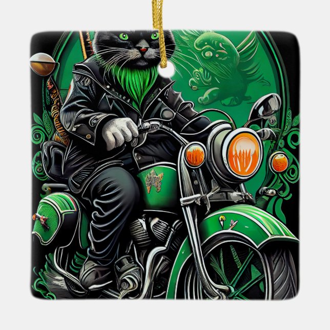 Svart katt kör cykel St. Patrick's Day Julgransprydnad Keramik (Framsida)
