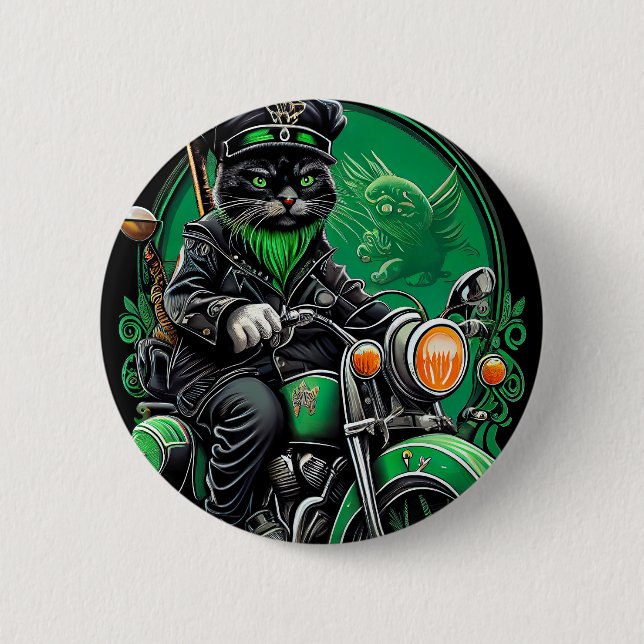 Svart katt kör cykel St. Patrick's Day Knapp (Framsida)