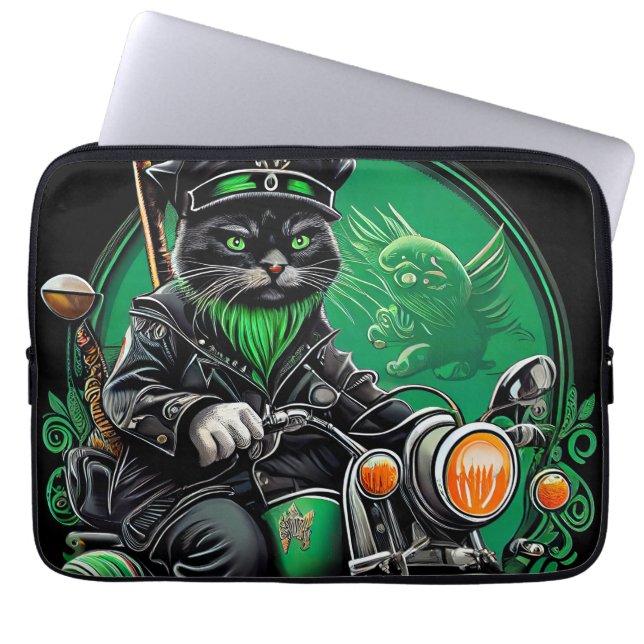 Svart katt kör cykel St. Patrick's Day Laptop Fodral (Framsidan)