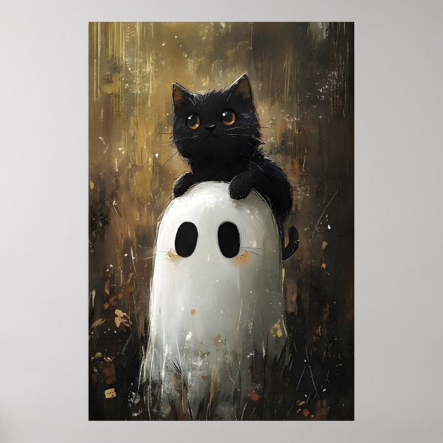 Svart katt kramar sött spöke tryck, Digital Hallow Poster (Framsidan)