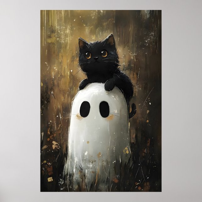 Svart katt kramar sött spöke tryck, digital Hallow Poster (Framsidan)