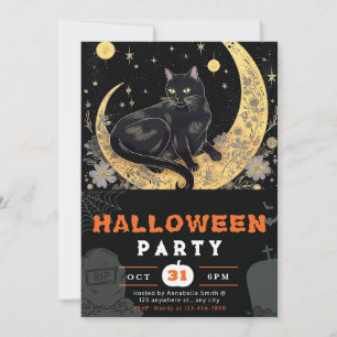 Svart Katt Krater Måne Blommig Svart Halloween Inbjudningar