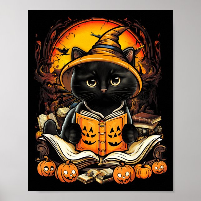 Svart Katt Läsning Böcker Pumpa Höst Lärare Poster (Framsidan)