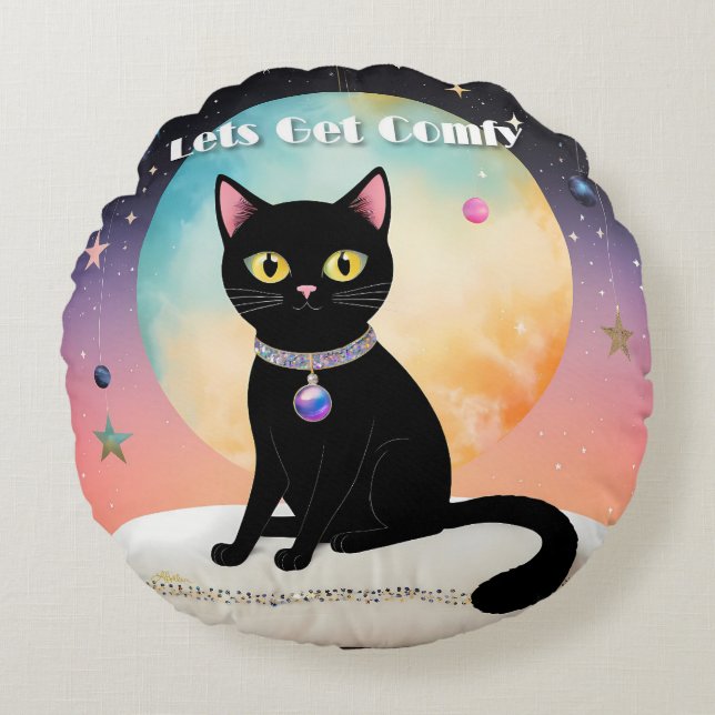 Svart katt - Låt oss bli mysiga Rund Kudde (Framsidan)