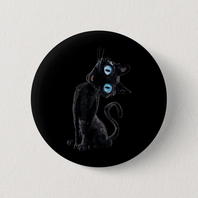 Svart Katt Lätt Söt Meme Knapp Ögon Kattälskare (Framsida)