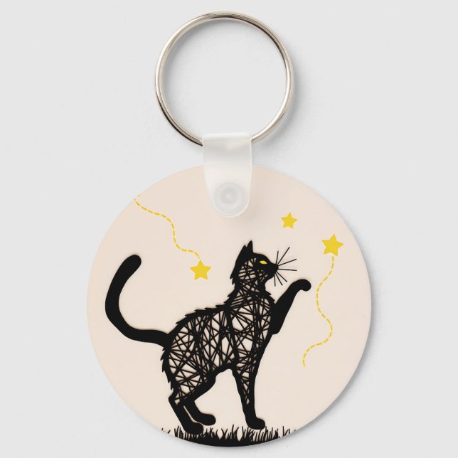 Svart katt lekfulla stjärnor illustration nyckelring (Framsida)