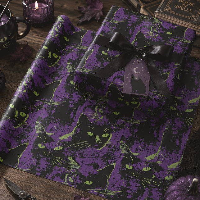 Svart Katt Lila Gotisk Halloween Presentpapper (Skapare uppladdad)