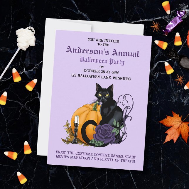 Svart katt Lila ros Pumpa Halloween-firande Inbjudningar (Skapare uppladdad)