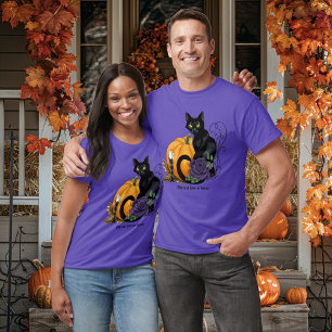 Svart katt Lila ros Pumpa Höst T Shirt