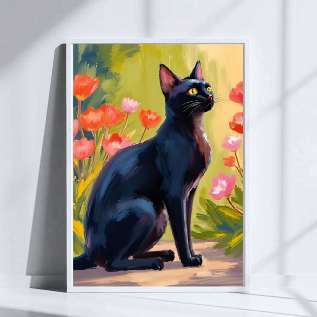 Svart Katt | Liten Katt Husdjur Akvarell Blommor M Poster (Skapare uppladdad)