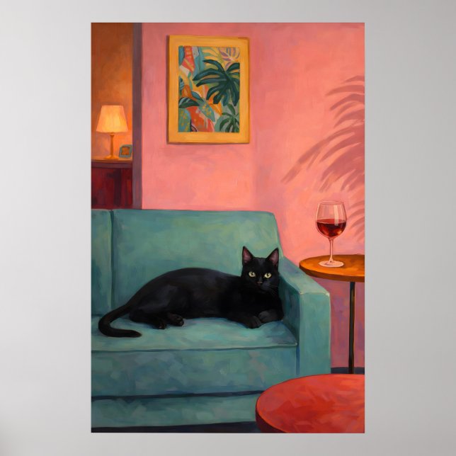 Svart katt-loungeaffisch, mysig retro vardagsrum poster (Framsidan)
