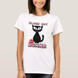 SVART KATT MAMMA Leende Tecknad Katt med Röd Ros T Shirt