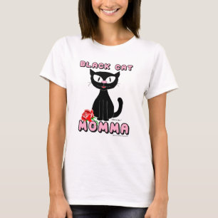 SVART KATT MAMMA Leende Tecknad Katt med Röd Ros T Shirt