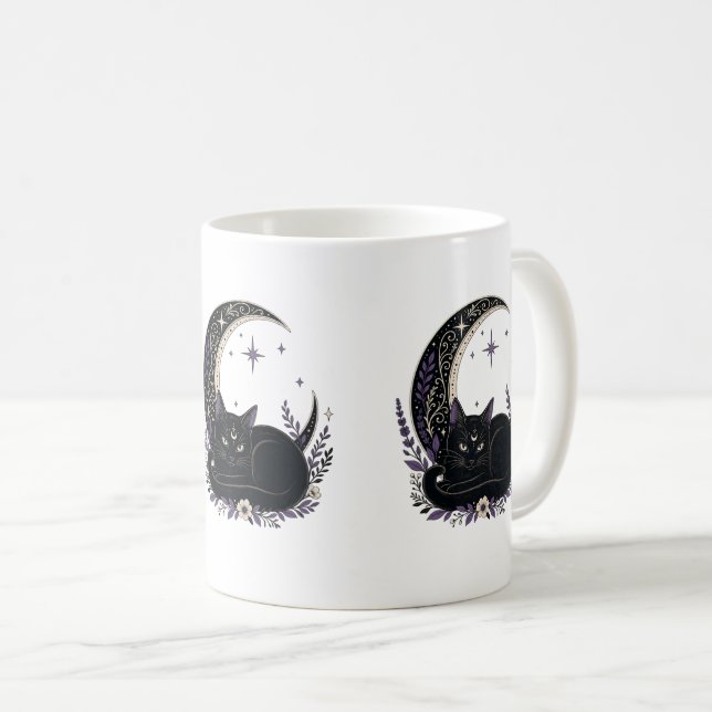 Svart Katt Mamma Söt Gotisk Häxlik Halvmåne Kaffemugg (Framsida höger)