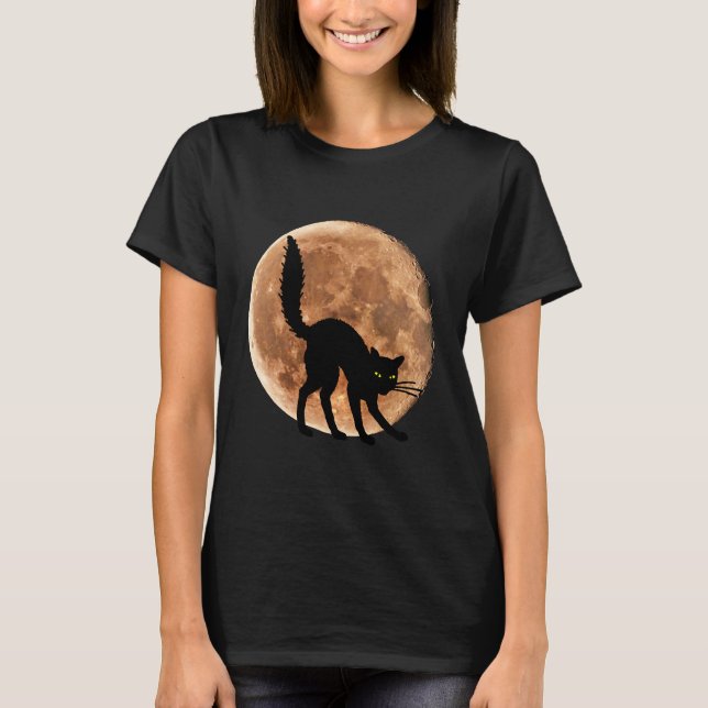 Svart Katt Mån Halloween T Shirt (Framsida)