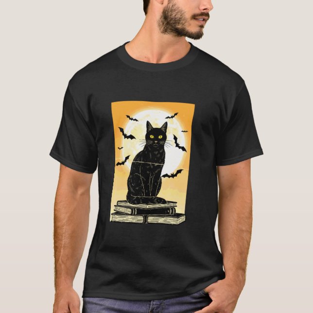 Svart Katt Måne & Fladdermöss Retro T Shirt (Framsida)
