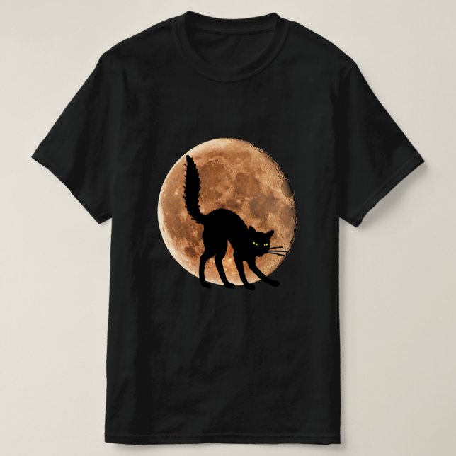 Svart Katt Måne Halloween T-Shirt (Design framsida)