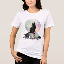 Svart Katt Måne Kristall Konst T Shirt