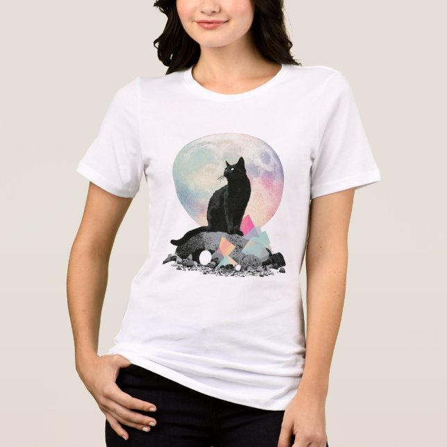 Svart Katt Måne Kristall Konst T Shirt (Framsida)