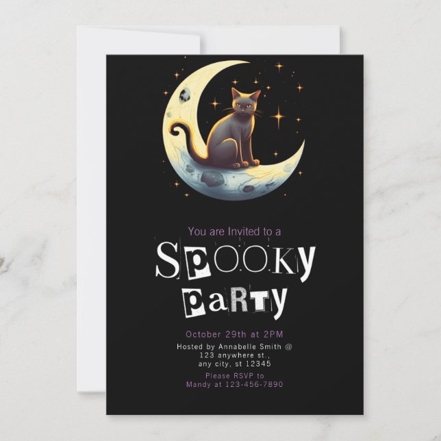 Svart Katt Måne Modern Minimalistisk Halloween Inbjudningar (Framsida)