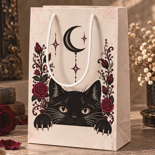 Svart Katt Måne och Rosor Gotisk (Skapare uppladdad)