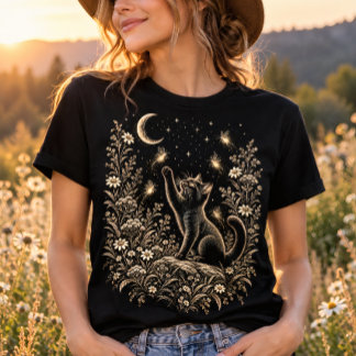 Svart Katt Månljus Eldflugsträdgård T Shirt