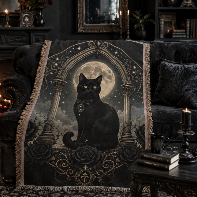 Svart Katt Månljust Gotisk Celestial Mörk Romantik Filt (Skapare uppladdad)