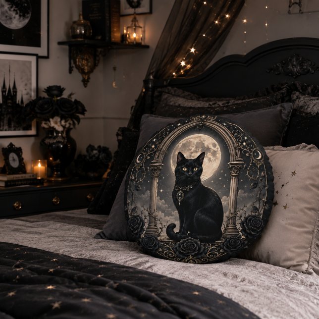 Svart Katt Månljust Gotisk Celestial Mörk Romantik Rund Kudde (Skapare uppladdad)
