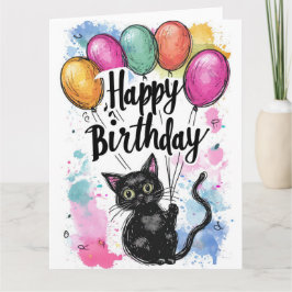 Svart katt med ballonger kort