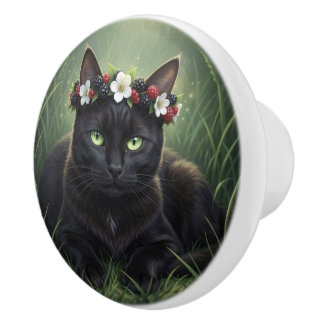 Svart katt med björnbär och blomsterkrans knopp