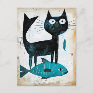 Svart katt med blå fisk vykort
