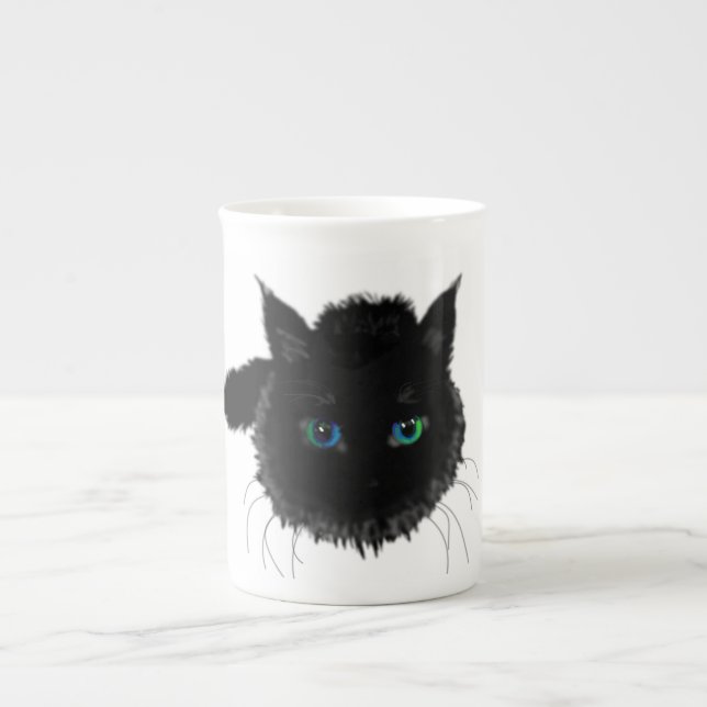 Svart katt med blå Grönt Ögon Mugg Gift Benporslin Mugg (Framsidan)