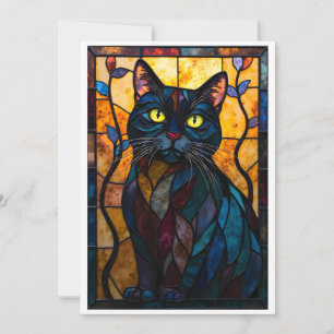 Svart katt med blad i glasmålningstil Platt Kort