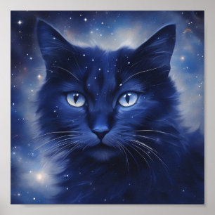 Svart katt med blått ögon på en stjärnbakgrund poster