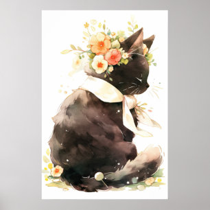 Svart katt med blomma Krona Poster