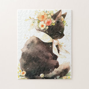 Svart katt med blomma Krona Pussel