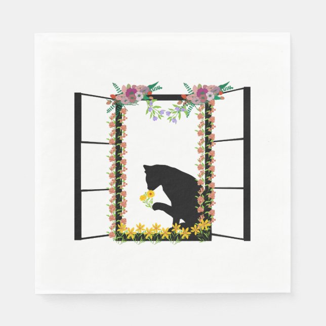 svart katt med blomma pappersservett (Framsidan)